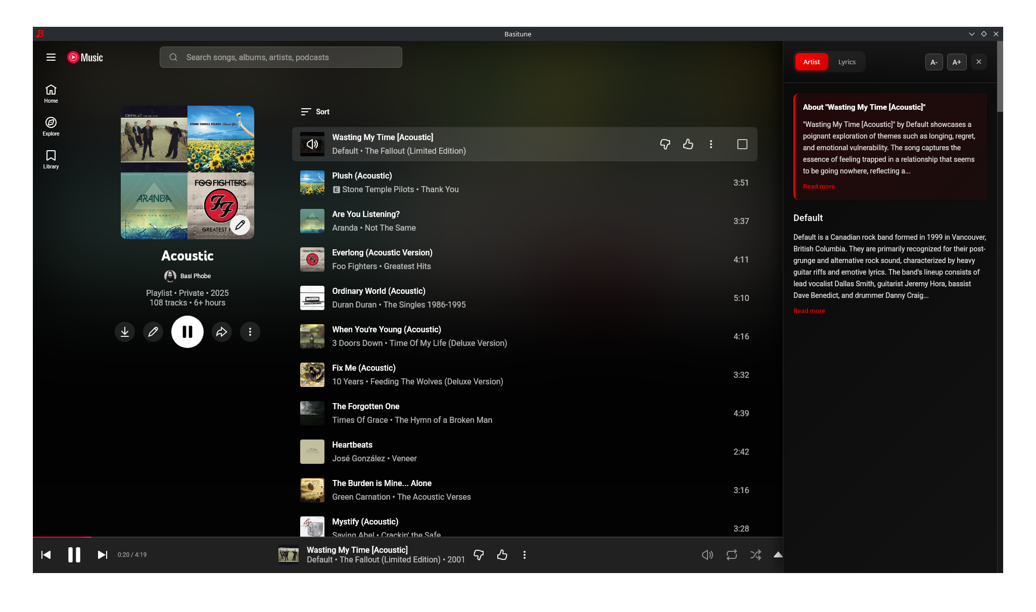 Basitune application screenshot showing YouTube Music interface with sidebar